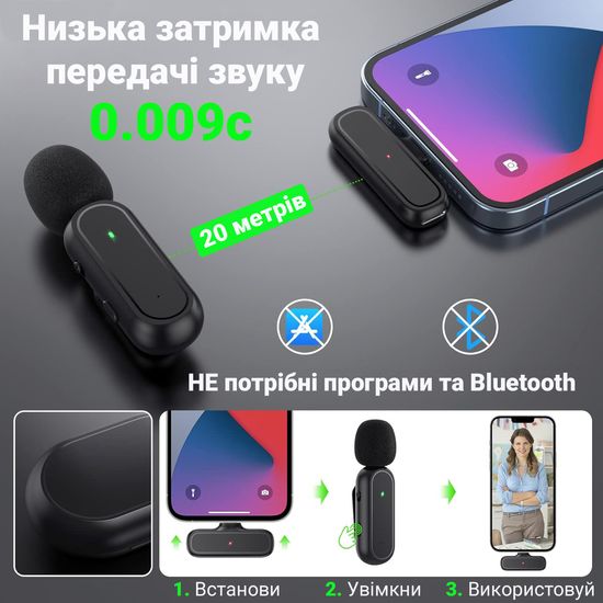 Беспроводной петличный микрофон с зарядным кейсом Savetek P33 Lightning, петличка для iPhone/iPad, до 20м 1215 фото