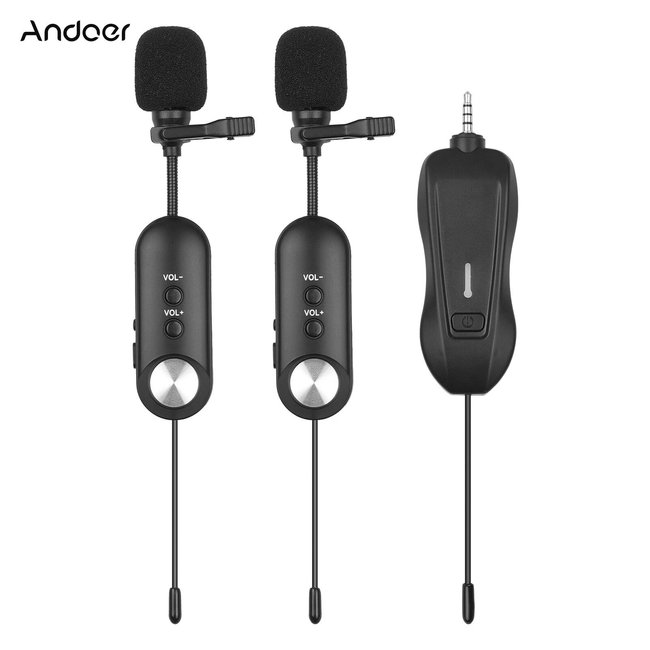 Комплект з 2-ма бездротовими петличними мікрофонами Andoer BM-02-2 для телефону, смартфона, до 20 метрів 7561 фото