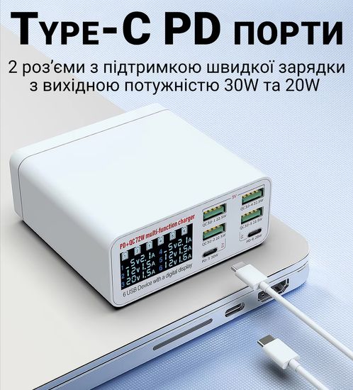 Багатопортовий зарядний пристрій з дисплеєм для швидкої зарядки 6 пристроїв Addap MCS-896C, 4×USB QC3.0 та 2×Type-C PD, 72W 1128 фото