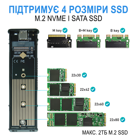 Зовнішня кишеня для дисків M.2 SSD NVMe та NGFF SATA 2280/2230/2242/2260 Addap EHDC-03, зовнішній кейс USB-A - Type-C, 10 Гбіт/с 1170 фото