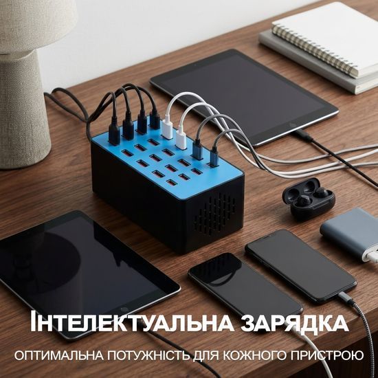 Мультизарядное устройство на 20 USB портов Addap MCS-A5+, док-станция, 100W, blue 7378 фото