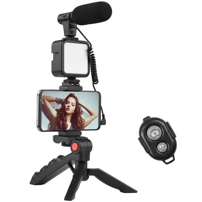 Набір блогера 5 в 1: з LED підсвіткою, мікрофоном, триподом, тримачем для телефону та Bluetooth кнопкою Andoer PVK-01 7564 фото
