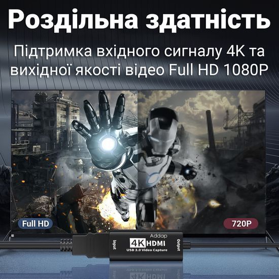 2в1 зовнішня карта відеозахоплення з HDMI на Type-C та USB-A інтерфейси Addap VCC-06, для запису, стримінгу та оцифрування відео, 4K 1096 фото