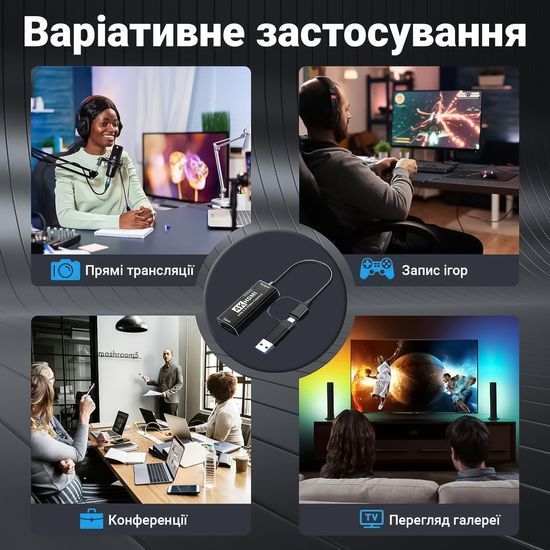 2в1 зовнішня карта відеозахоплення з HDMI на Type-C та USB-A інтерфейси Addap VCC-06, для запису, стримінгу та оцифрування відео, 4K 1096 фото