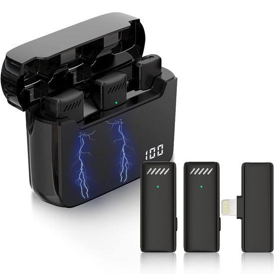 Подвійний бездротовий Lightning петличний мікрофон Savetek P32-2 з зарядним кейсом, 2.4 ГГц, для Apple iPhone, iPad, до 20 м 0263 фото