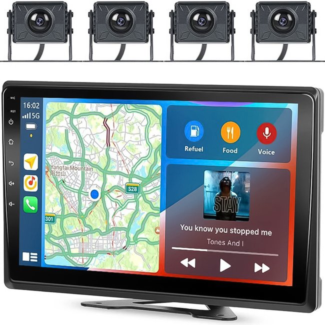 Автомобильный парковочный комплект с 10.1" экраном и 4 камерами заднего вида Podofo A3554, для грузовиков, CarPlay/Android Auto, Bluetooth, FM 1206 фото