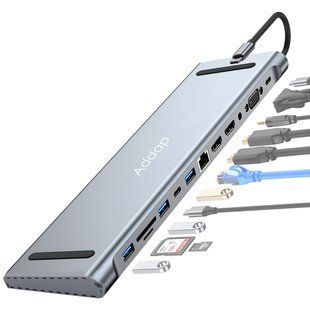 12в1: Багатопортовий USB Type-C хаб / підставка для ноутбука Addap MH-16: HDMI + USB A + PD + USB C + SD + RJ45 + VGA + 3,5mm 1302 фото