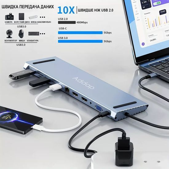 12в1: Багатопортовий USB Type-C хаб / підставка для ноутбука Addap MH-16: HDMI + USB A + PD + USB C + SD + RJ45 + VGA + 3,5mm 1302 фото