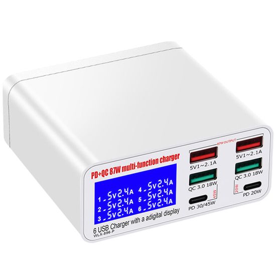 Зарядна станція з дисплеєм на 6 портів Addap MCS-896P, мультизарядний пристрій з 4×USB-A та 2×Type-C портами, 87W 0234 фото