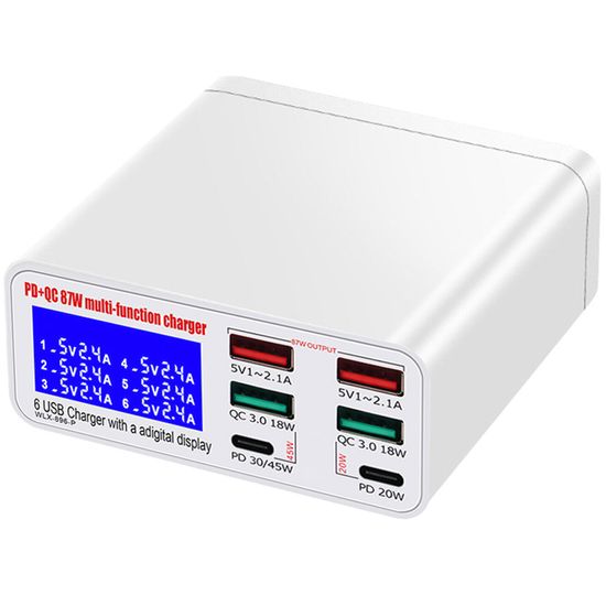 Зарядна станція з дисплеєм на 6 портів Addap MCS-896P, мультизарядний пристрій з 4×USB-A та 2×Type-C портами, 87W 0234 фото