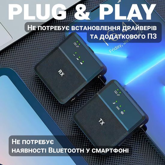 Подвійна бездротова радіосистема з 2-ма петличними мікрофонами Savetek P36-2 Lightning, петличка для iPhone/iPad 1225 фото