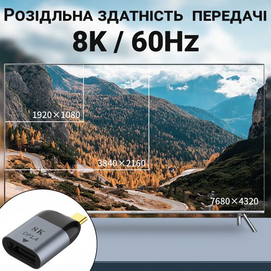 Адаптер, конвертер з Type-C на DisplayPort (DP1.4) для передачі 8K/60Hz відео Addap UC2DP-01, перехідник для ноутбука, проектора, телевізора