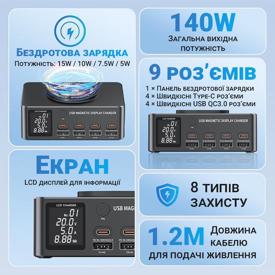 Зарядная док-станция 140W для 9 устройств Addap MCS-818DP | 4 разъема Type-C PD 100W + 4 разъема USB QC3.0 + беспроводная панель 15W 0283 фото