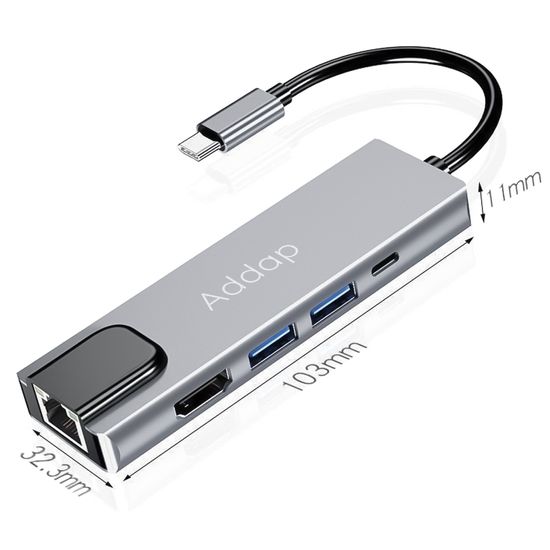 Мультифункциональный USB Type-C хаб / разветвитель Addap MH-09s, концентратор 5в1: 2 x USB 3,0 + Type-C + HDMI + Ethernet Gigabit 0063 фото