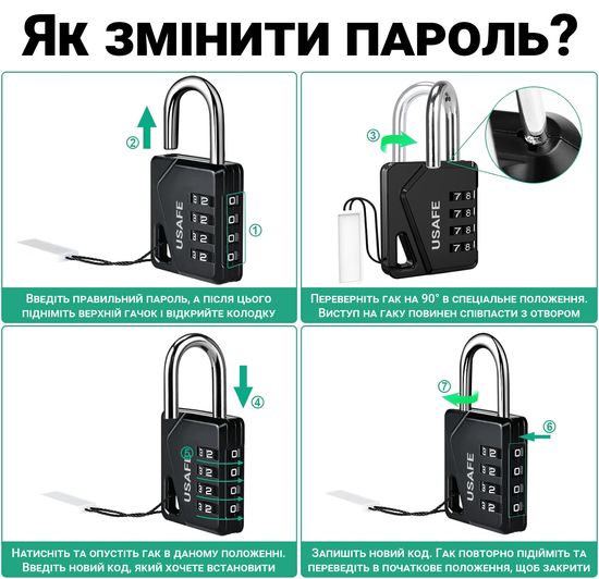 Підвісна колодка з 4-значним механічним кодом USafe CP-02, металевий навісний замок з комбінацією без ключа