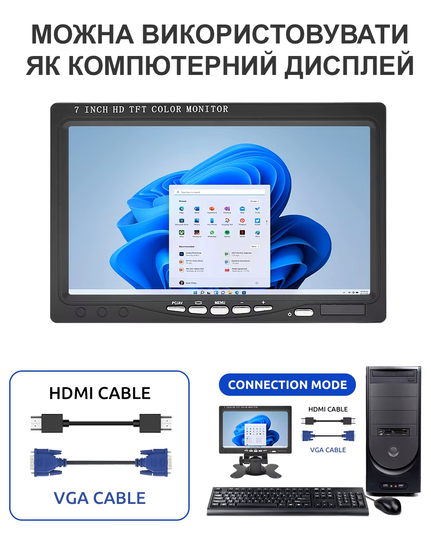 Автомобильный монитор 7” для камеры заднего вида Podofo K0106, 1024х600, AV, VGA, HDMI 3606 фото