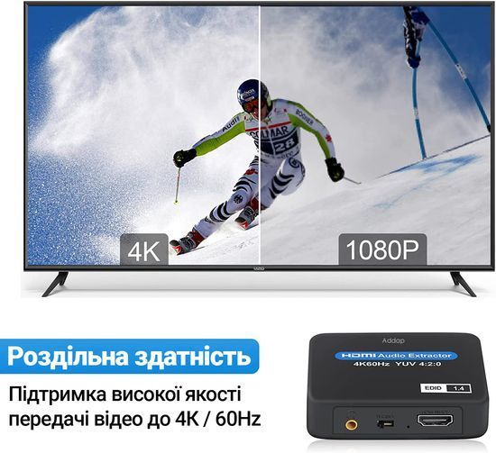 Цифровий HDMI аудіо екстрактор, перетворювач звуку з HDMI на 3,5мм miniJack та SPDIF 5.1 систему Addap HAE-01, 4K 0198 фото