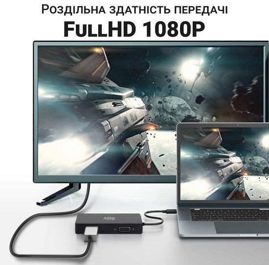 Адаптер / розгалужувач з DisplayPort на HDMI/VGA/DVI порти Addap DPA-01Mix | Перехідник 3в1 для передачі відеосигналу, FullHD 1080P