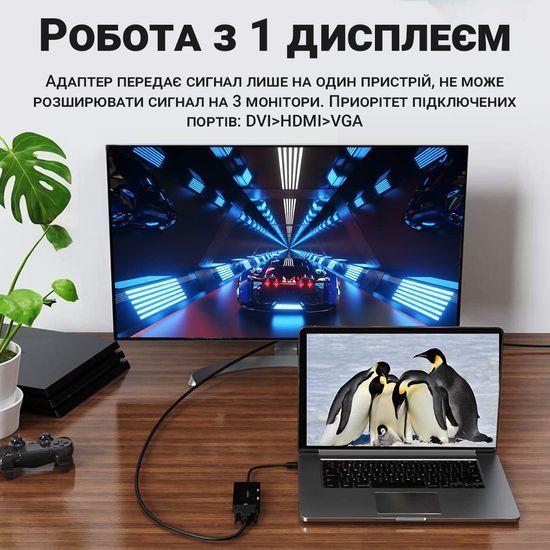 Адаптер / розгалужувач з DisplayPort на HDMI/VGA/DVI порти Addap DPA-01Mix | Перехідник 3в1 для передачі відеосигналу, FullHD 1080P