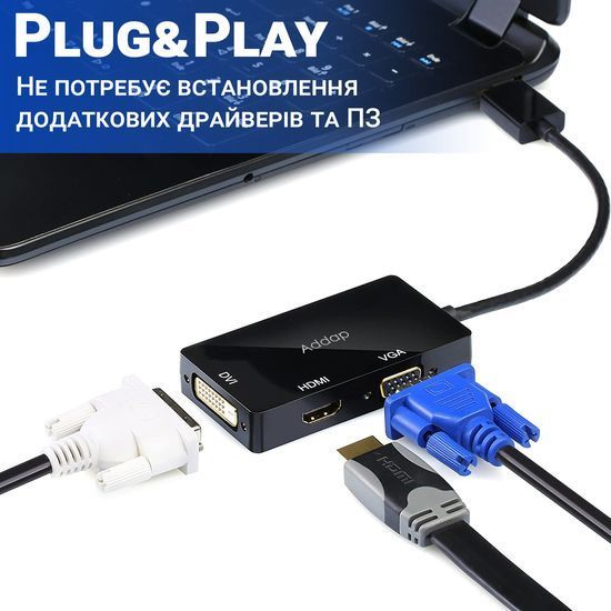 Адаптер / розгалужувач з DisplayPort на HDMI/VGA/DVI порти Addap DPA-01Mix | Перехідник 3в1 для передачі відеосигналу, FullHD 1080P