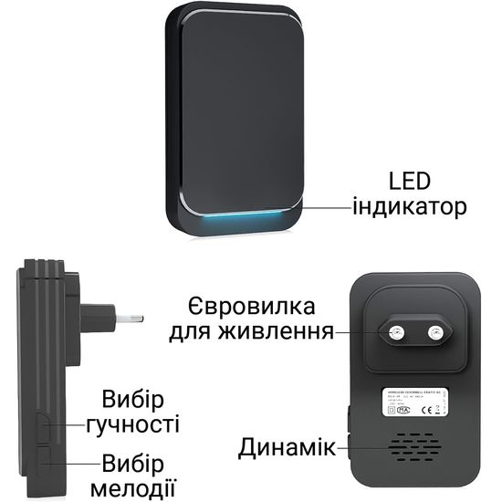 Бездротовий дверний дзвінок по датчику руху Digital Lion MDB-02, вологозахищений, до 300 м, Чорний 1028 фото