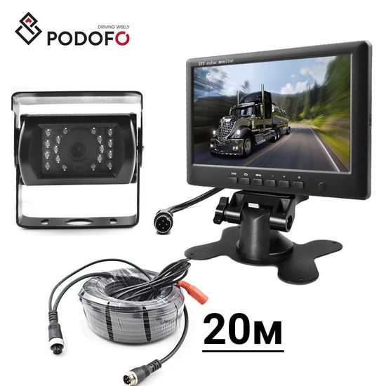 Камера заднього виду з монітором Podofo F0505, паркувальний комплекс для вантажних авто, кабель 20м 7482 фото