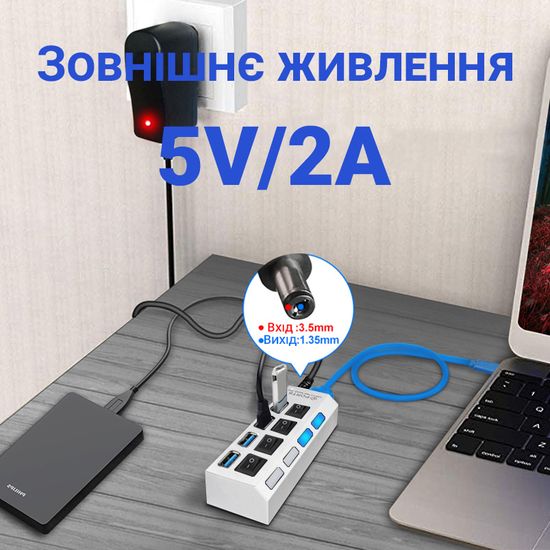 USB 3,0 Hub | Хаб на 4 USB порти з перемикачем Addap UH-02, Білий 7761 фото