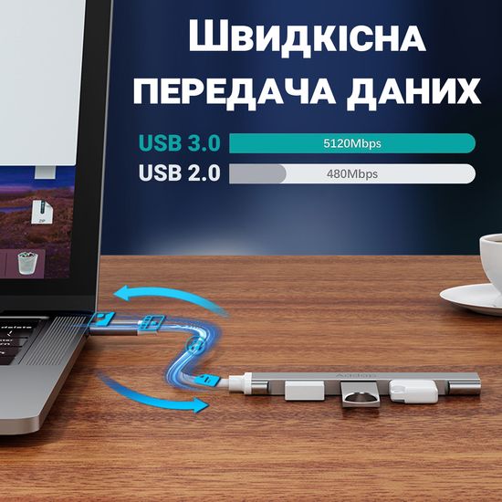 USB Type-C хаб, концентратор / розгалужувач для ноутбука Addap UH-05C, на 4 порти USB, Silver 0242 фото