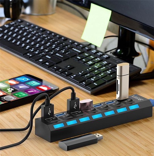 USB 2,0 | Hub Хаб на 7 USB портів із перемикачем Addap UH-03, Чорний 7762 фото