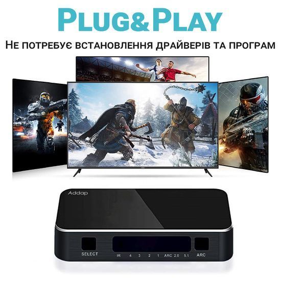 HDMI Комутатор | світч на 4 порти Addap HVS-04, чотиринаправлений відео перемикач 4К, з підтримкою ARC, Black 0176 фото