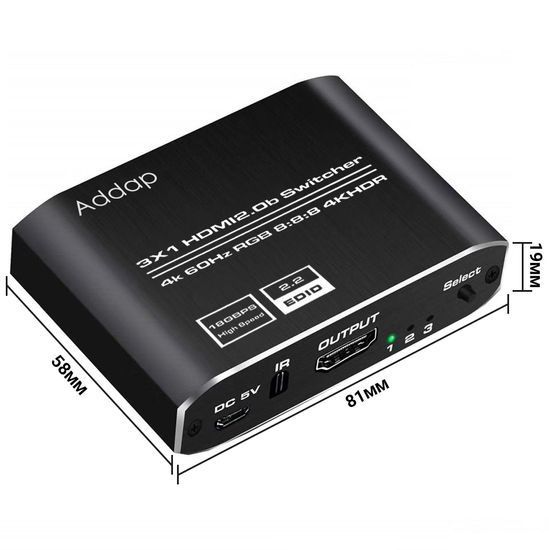 HDMI Коммутатор Addap HVS-10 3x1, переключатель HDMI 3 в 1, switch для видеосигнала 4K 60Hz, HDMI 2.0, HDCP 2.2, пульт ДУ 0201 фото