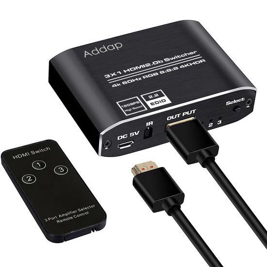 HDMI Коммутатор Addap HVS-10 3x1, переключатель HDMI 3 в 1, switch для видеосигнала 4K 60Hz, HDMI 2.0, HDCP 2.2, пульт ДУ 0201 фото