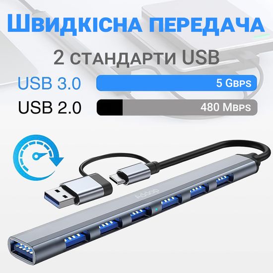 Type-C хаб з адаптером на USB, концентратор / розгалужувач для ноутбука Addap UH-04D, на 7 портів USB, Gray 0289 фото