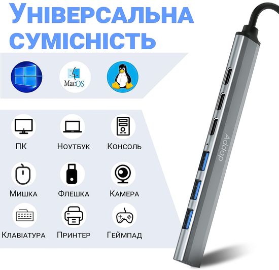 USB Type-C хаб, концентратор / розгалужувач для ноутбука Addap UH-04CS, на 7 портів: 3 × USB 2.0, 1 × USB 3.0, 3 × Type-C, Gray 0290 фото
