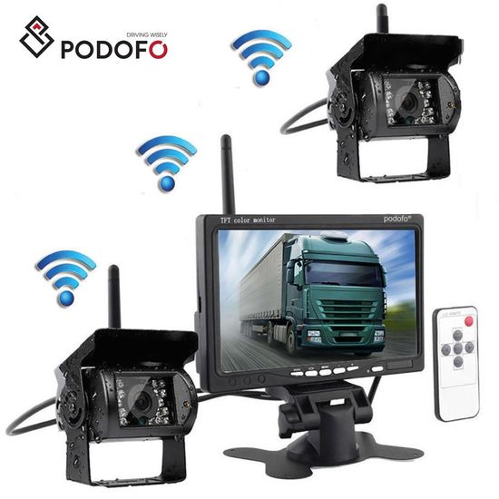 Беспроводные камеры заднего вида с монитором Podofo K0082, парковочный комплекс для грузовых авто с 2-мя камерами 7357 фото