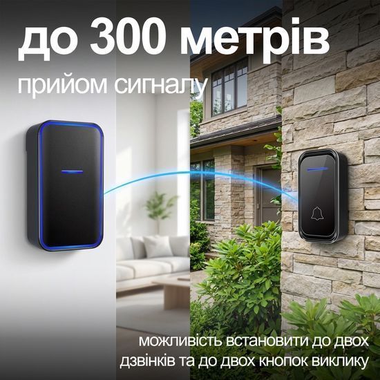 Беспроводной дверной звонок Digital Lion WDB-02-2 с 2-мя приемниками, 38 мелодий, до 300 м, Чёрный 7673 фото
