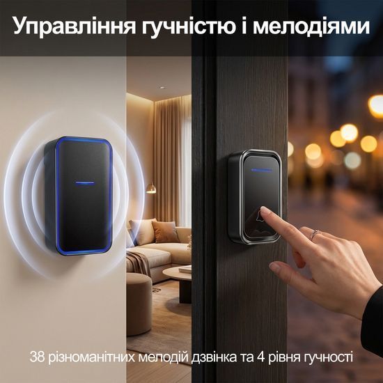 Беспроводной дверной звонок Digital Lion WDB-02-2 с 2-мя приемниками, 38 мелодий, до 300 м, Чёрный 7673 фото