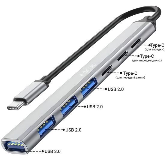 USB Type-C хаб, концентратор / розгалужувач для ноутбука Addap UH-04CS, на 7 портів: 3 × USB 2.0, 1 × USB 3.0, 3 × Type-C, Gray 0290 фото