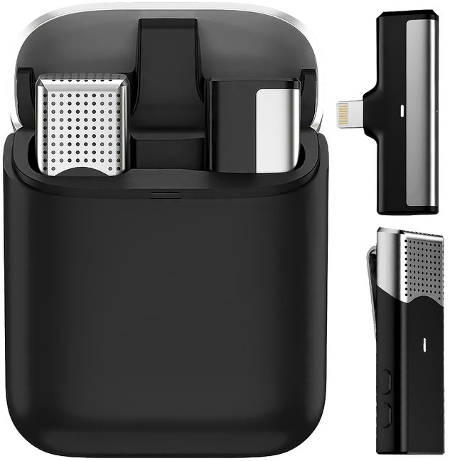 Бездротова петлична система мікрофона для Lightning пристроїв Savetek P35, з зарядним кейсом, 2.4 ГГц, для Apple iPhone, iPad, до 20 м, Чорний 1031 фото