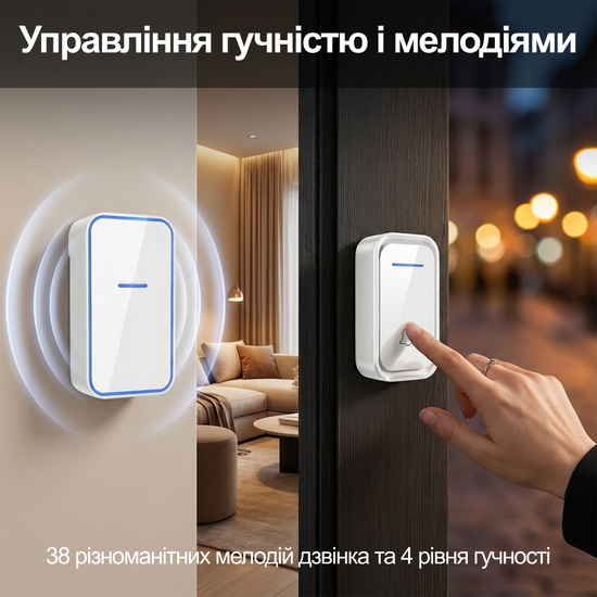 Бездротовий дверний дзвінок Digital Lion WDB-02-2 з 2-ма приймачами, 38 мелодій, до 300 м, Білий 7674 фото