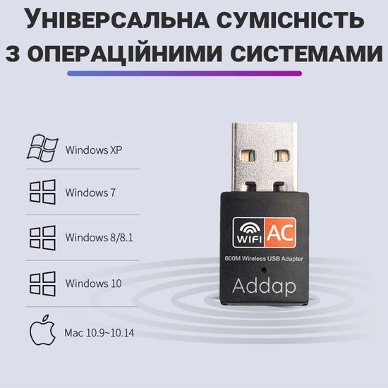 Двохдіапазонний WiFi адаптер з USB підключенням Addap UWA-01 | 2,4 ГГц/5 ГГц, 600 Мбіт/с 7765 фото