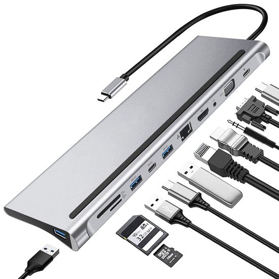 11в1: Багатопортовий USB Type-C хаб / підставка для ноутбука Addap MH-01: HDMI + USB A + PD + USB C + SD + RJ45 + VGA + 3,5mm 7767 фото