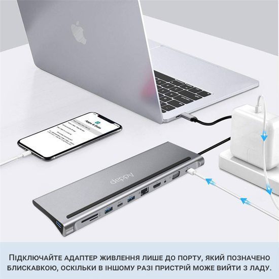 11в1: Багатопортовий USB Type-C хаб / підставка для ноутбука Addap MH-01: HDMI + USB A + PD + USB C + SD + RJ45 + VGA + 3,5mm 7767 фото