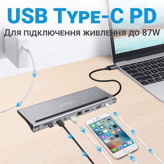 11в1: Багатопортовий USB Type-C хаб / підставка для ноутбука Addap MH-01: HDMI + USB A + PD + USB C + SD + RJ45 + VGA + 3,5mm 7767 фото