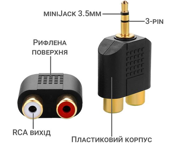 Аудіо сплітер, перехідник з miniJack 3,5мм на RCA для підключення звукового обладнання Addap MJ2RCA-01