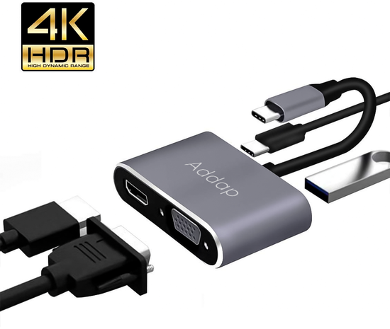 4в1: мультифункціональний адаптер USB Type-C для ноутбука Addap MH-02: HDMI + VGA + USB 3,0 + USB-C PD 7768 фото