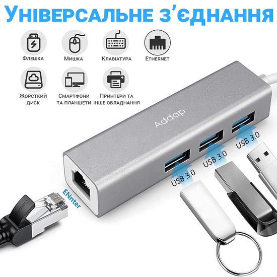 USB Type-C Хаб |адаптер на 3 порти USB 3,0 для ноутбука Addap MH-05, з інтернет підключенням Ethernet RJ-45 7770 фото