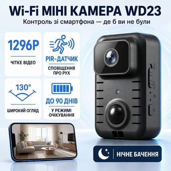 WiFi міні камера відеоспостереження з датчиком руху Digital Lion MD23, до 90 днів автономної роботи, з нічним баченням, бодікамера 1296P 1394 фото