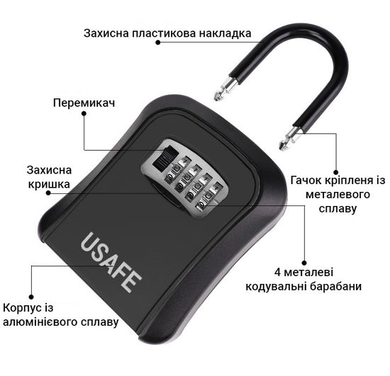Підвісний металевий міні сейф для ключів uSafe KS-05, з гачком і паролем, Чорний 7632 фото