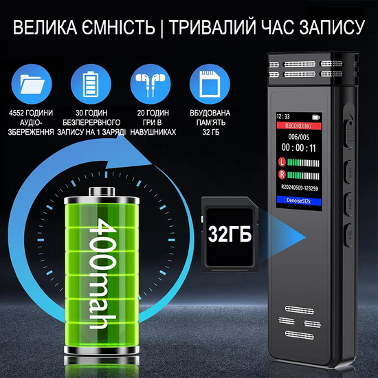 Професійний цифровий диктофон з активацією голосом Savetek GS-R77, 32 Гб, до 30 годин запису 1148 фото